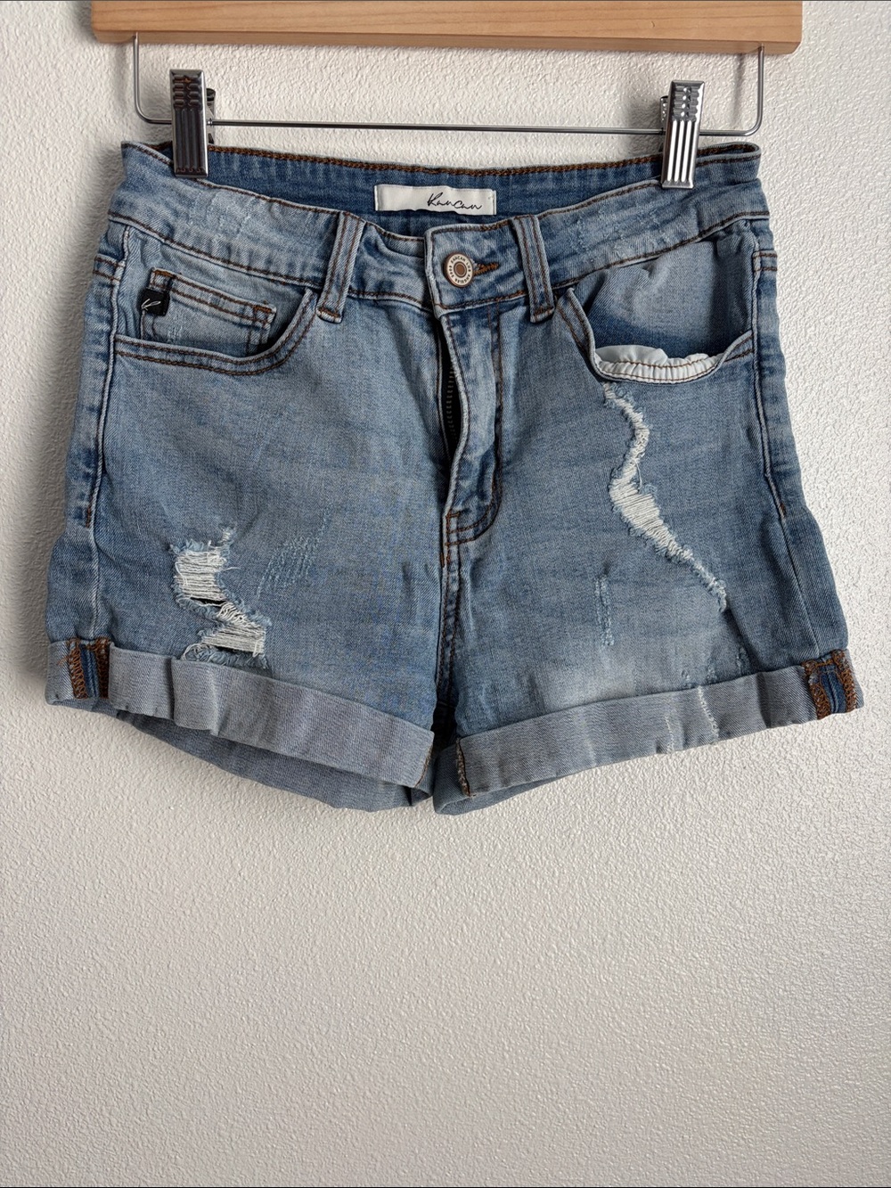 KanCan Faded Blue Distressed Rolled-Hem Denim Shorts